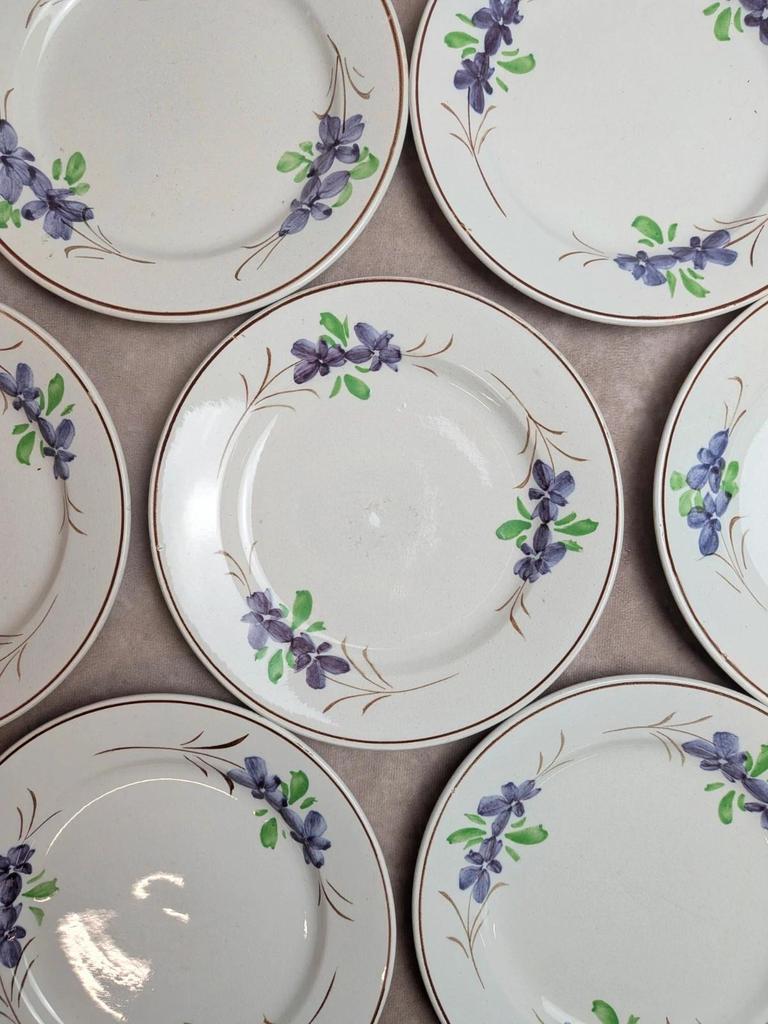 Lot de 9 assiettes anciennes en terre de fer – Opaque de Bordeaux – décor floral peint main